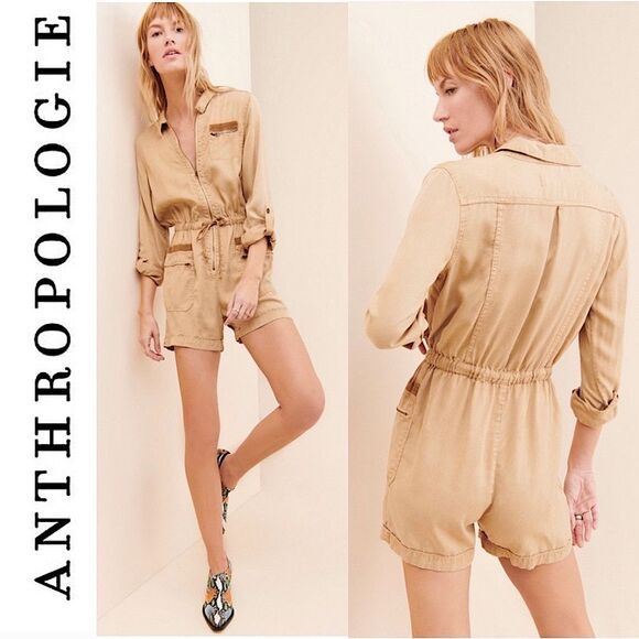 Anthropologie Ivy Utility Zip Up Tencel Romper One Piece Jumpsuit Yellow S - Picture 2 of 15